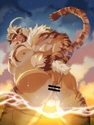 Rule 34 | 1boy, ahoge, anal fingering, animal ears, anus, ass, ass focus, bar censor, bara, beach, beard, belly, blue eyes, blush, censored, facial hair, feet out of frame, fingering, from behind, furry, furry male, highres, hombre tigre (housamo), large pectorals, male focus, muscular, muscular male, nipples, partially underwater shot, pectorals, plump, presenting, shrimp g r18, solo, tail raised, thick eyebrows, thick thighs, thighs, tiger boy, tiger ears, tokyo houkago summoners, wet, white hair