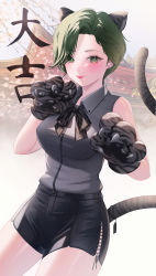 Rule 34 | 1girl, :p, absurdres, animal ears, animal hands, bad id, bad pixiv id, bare shoulders, blush, breasts, commission, contrapposto, cowboy shot, extra ears, gloves, green eyes, green hair, highres, lichiko, looking at viewer, medium breasts, original, paw gloves, shirt, short hair, sleeveless, sleeveless shirt, solo, tail, thighs, tiger, tiger ears, tiger tail, tongue, tongue out, wing collar