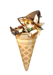 Rule 34 | apron, black footwear, blonde hair, blush, boots, bow, chibi, dena.ei, hat, hat bow, highres, ice cream cone, kirisame marisa, long hair, long sleeves, looking at viewer, mini person, minigirl, simple background, sitting, solo, touhou, white background, white bow, witch hat, yellow eyes