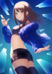Rule 34 | 1girl, ass, back, black shorts, black thighhighs, blue background, blue nails, braid, breasts, brown hair, crop top, finger gun, fishnet thighhighs, fishnets, floating hair, from behind, fur jacket, glass shards, green eyes, hair ornament, hairclip, highres, idolmaster, idolmaster cinderella girls, jacket, long hair, looking at viewer, looking back, midriff, miyar2d2, nail polish, parted lips, see-through, see-through sleeves, shibuya rin, short shorts, shorts, small breasts, solo, sparkle, thighhighs, x hair ornament