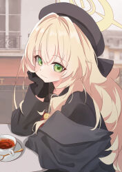 1girl absurdres beret black_gloves blonde_hair blue_archive cup gloves green_eyes hair_between_eyes halo hat highres long_hair looking_at_viewer professor_niyaniya_(blue_archive) sitting smile teacup yakurope-moko