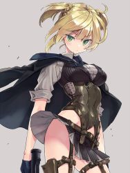 Rule 34 | 1girl, black gloves, blonde hair, bolt action, braid, breasts, contrapposto, corset, covered navel, cowboy shot, girls&#039; frontline, gloves, green eyes, grey background, gun, handgun, hiyo moo, holster, integral suppressor, integrally-suppressed firearm, jacket, jacket on shoulders, looking at viewer, manual firearm, medium breasts, miniskirt, necktie, no panties, pleated skirt, short twintails, simple background, skirt, solo, suppressor, thigh holster, twintails, underbust, v-shaped eyebrows, weapon, welrod, welrod mk ii, welrod mkii (girls&#039; frontline), wind, wind lift