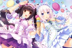 Rule 34 | 10s, 2girls, :3, :d, :p, absurdres, animal ears, balloon, bell, neck bell, blue eyes, blue nails, blush, brown hair, cat ears, chocola (nekopara), collar, corset, detached sleeves, dress, finger to mouth, food, food print, happy, highres, ice cream, ice cream cone, jingle bell, long hair, looking at viewer, macaron, multiple girls, nail polish, nekopara, open mouth, original, pink nails, puffy detached sleeves, puffy sleeves, sayori (neko works), scan, siblings, sisters, smile, tail, thighhighs, tongue, tongue out, triple scoop, twintails, vanilla (nekopara), very long hair, white hair