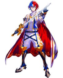 Rule 34 | 1boy, alear (fire emblem), alear (male) (fire emblem), armor, blue eyes, blue hair, boots, cape, character name, crossed bangs, fire emblem, fire emblem engage, gloves, heterochromia, highres, holding, holding sword, holding weapon, mika pikazo, multicolored hair, nintendo, official art, pointy footwear, red eyes, red hair, simple background, smile, sword, two-tone hair, weapon, white background