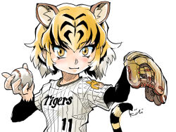 Rule 34 | animal ears, ball, baseball, baseball glove, black hair, blonde hair, check commentary, commentary request, hanshin tigers, holding, holding ball, kemono friends, kiichi, looking at viewer, nippon professional baseball, signature, simple background, sportswear, striped hair, sumatran tiger (kemono friends), tail, tiger ears, tiger girl, tiger tail, upper body, white background