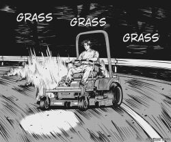 Rule 34 | 1boy, absurdres, artist name, commentary, dated, denim, drifting, english commentary, english text, fujiwara takumi, guard rail, high contrast, highres, initial d, jeans, lawnmower, looking at viewer, male focus, monochrome, motion lines, oceancat, outdoors, pants, parody, road, shirt, short hair, short sleeves, sitting, solo, sound effects, toyota, variant set