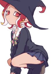 Rule 34 | 1girl, black footwear, black sweater, bow, closed mouth, collarbone, collared shirt, dot mouth, eyelashes, green bow, hat, inuowour, medium hair, nintendo, octoling, octoling girl, octoling player character, pink bow, pleated skirt, red eyes, red hair, school uniform, shirt, simple background, skirt, sleeves past wrists, solo, splatoon (series), squatting, sweater, two-tone bow, white background, white shirt, witch hat