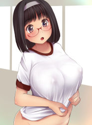 Rule 34 | 1girl, black hair, blush, bottomless, breasts, covered erect nipples, female focus, glasses, grey eyes, gym shirt, hairband, huge breasts, kozue akari, large breasts, looking at viewer, naked shirt, no bra, open mouth, original, out-of-frame censoring, plump, red-framed eyewear, shirt, short sleeves, solo