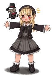 Rule 34 | 1girl, :d, aged down, beret, black cardigan, black hat, blonde hair, cardigan, chibi, dark-skinned female, dark skin, dress, elf, full body, grey dress, hat, highres, hololive, kintsuba (shiranui flare), long hair, looking at viewer, notice lines, open mouth, outstretched arms, pointy ears, sailor collar, sailor dress, shiranui flare, shiranui flare (street), short dress, smile, solo, tonton (tonz159), virtual youtuber
