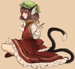 Rule 34 | 1girl, animal ears, bad id, bad pixiv id, brown eyes, brown hair, cat ears, cat girl, cat tail, chen, earrings, female focus, fish, food in mouth, hat, jewelry, looking at viewer, multiple tails, profile, simple background, sitting, solo, tail, touhou, tsukiori