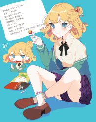 Rule 34 | 1girl, absurdres, black bow, blonde hair, blue background, blue eyes, blush, blush stickers, bow, brown footwear, candy, chibi, closed mouth, collared shirt, commentary request, crossed ankles, fang, fingernails, food, green jacket, hair bun, highres, holding, holding candy, holding food, holding lollipop, jacket, loafers, lollipop, long sleeves, multiple views, neko-san (dim.dream), off shoulder, open clothes, open jacket, open mouth, original, pleated skirt, purple skirt, school uniform, shindan maker, shirt, shoes, single hair bun, sitting, skirt, sleeves past wrists, smile, socks, translation request, white legwear, white shirt