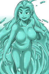 Rule 34 | 1girl, aquamaria (dakotaverse), breasts, collarbone, colored sclera, colored skin, dakotaverse, dc comics, dcau, dripping, ears, eyebrows, gradient background, green background, green eyes, green hair, green sclera, green skin, groin, highres, ksk horikawa, large breasts, liquid hair, long hair, milestone comics, monster girl, mutant, navel, no nipples, nude, open mouth, slime girl, smile, solo, solo focus, static shock, very long hair, water, wet, white background