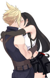 Rule 34 | 1boy, 1girl, absurdres, arialla draws, armpit crease, arms around neck, bare shoulders, black gloves, black hair, black skirt, blonde hair, blue sweater, blush, breasts, closed eyes, closed mouth, cloud strife, couple, cowboy shot, crop top, earrings, elbow gloves, final fantasy, final fantasy vii, final fantasy vii rebirth, final fantasy vii remake, fingerless gloves, gloves, highres, hug, jewelry, large breasts, long hair, low-tied long hair, midriff, ribbed sweater, short hair, single earring, skirt, sleeveless, sleeveless turtleneck, smile, spiked hair, suspender skirt, suspenders, sweater, tank top, tifa lockhart, turtleneck, turtleneck sweater, white background, white tank top