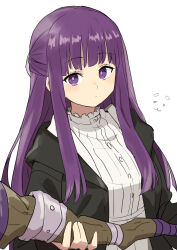 Rule 34 | 1girl, absurdres, black coat, closed mouth, coat, dress, fern (sousou no frieren), gazacy (dai), highres, holding, holding staff, long hair, looking at viewer, mage staff, purple eyes, purple hair, simple background, solo, sousou no frieren, staff, upper body, white background, white dress