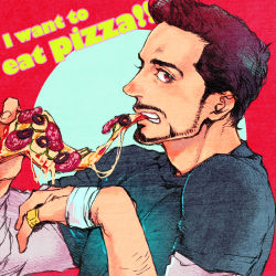 Rule 34 | 1boy, animification, avengers (series), bad id, bad pixiv id, bandages, bandaid, bandaid on hand, beard, black hair, brown eyes, cheese, eating, english text, facial hair, food, male focus, marvel, mouth hold, mustache, pizza, pizza slice, simple background, solo, suzuki tsuta, tony stark