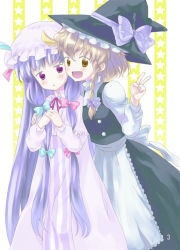 Rule 34 | 2girls, apron, bad id, bad pixiv id, blonde hair, blush, capelet, dress, female focus, own hands clasped, happy, hat, hat ribbon, kirisame marisa, long hair, long sleeves, multiple girls, open mouth, own hands together, patchouli knowledge, purple hair, ribbon, rom sen, short hair, touhou, turtleneck, v, very long hair, yellow eyes