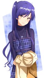 Rule 34 | 1girl, alternate hairstyle, blouse, blue dress, blue hair, blue shirt, blush, brown eyes, dice gt, dress, earrings, head tilt, highres, holding, holding clothes, idolmaster, idolmaster (classic), jewelry, kisaragi chihaya, long hair, looking at viewer, necklace, pinafore dress, purple shirt, shirt, side ponytail, sleeveless dress, smile, solo, standing, very long hair