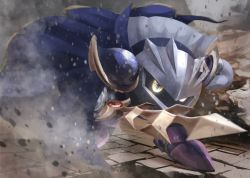 Rule 34 | 1boy, armor, cape, debris, dust cloud, epic, eye focus, eye reflection, galaxia (sword), gloves, grey mask, ground shatter, highres, holding, holding sword, holding weapon, kirby (series), male focus, mask, meta knight, nan na an, nintendo, no humans, purple footwear, reflection, rock, shoulder armor, solo, sword, weapon, yellow eyes