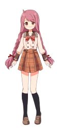 Rule 34 | 1girl, ahoge, arms at sides, belt, black socks, blush, bow, bowtie, braid, brown belt, brown footwear, buttons, closed mouth, dot nose, full body, hair ribbon, heel up, himuro lavi, iwakiriyama high school uniform, jewelry, kneehighs, loafers, long hair, long sleeves, looking at viewer, low-braided long hair, low-tied long hair, low twin braids, magia record: mahou shoujo madoka magica gaiden, mahou shoujo madoka magica, miniskirt, orange bow, orange bowtie, orange shirt, orange skirt, pink eyes, pink hair, plaid, plaid bow, plaid bowtie, plaid skirt, pleated skirt, red ribbon, ribbon, ring, ruru (rurumagi), school uniform, shirt, shoes, simple background, skirt, smile, socks, solo, split mouth, standing, swept bangs, transparent background, twin braids, very long hair, wing collar