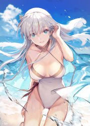 Rule 34 | 1girl, :d, anastasia (fate), bare shoulders, beach, blue cape, blue eyes, blue sky, blush, breasts, cameltoe, cape, cloud, collarbone, commentary request, cowboy shot, day, fate/grand order, fate (series), floating hair, groin, hair between eyes, hair over one eye, tucking hair, hairband, leaning forward, long hair, looking at viewer, medium breasts, ocean, one-piece swimsuit, open mouth, outdoors, revision, ritsuki, sand, signature, silver hair, sky, smile, solo, swimsuit, very long hair, wet, white one-piece swimsuit, wind