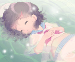 Rule 34 | 1girl, black hair, eyebrows, eyelashes, closed eyes, hat, murasa minamitsu, oto, own hands together, parted lips, partially submerged, sailor collar, sailor hat, short hair, shorts, sleeping, solo, touhou, aged down
