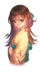 Rule 34 | 1girl, aile (crossroads), artist name, blush, brown hair, brown kimono, closed mouth, commentary, cropped torso, floral print, green eyes, hair between eyes, highres, japanese clothes, kimono, long hair, long sleeves, obi, original, print kimono, sash, signature, simple background, smile, solo, upper body, very long hair, white background, wide sleeves