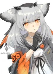 Rule 34 | 1girl, arknights, artist name, blush, closed mouth, coat, collarbone, commentary request, dress, gloves, grey gloves, grey hair, grey jacket, hand up, highres, jacket, long sleeves, looking at viewer, nanatsuka, orange eyes, ptilopsis (arknights), signature, simple background, solo, upper body, white background, white coat, white dress, wide sleeves