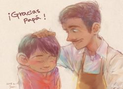 Rule 34 | 2boys, black hair, brown eyes, coco (disney), dark-skinned male, dark skin, dated, disney, enrique rivera, closed eyes, facial hair, father&#039;s day, father and son, headpat, hood, male focus, miguel rivera, multiple boys, mustache, short hair, smile