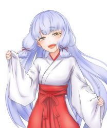 Rule 34 | 1girl, :d, alternate costume, blush, commentary request, hakama, hakama skirt, head tilt, highres, japanese clothes, kantai collection, kimono, long hair, looking at viewer, miko, murakumo (kancolle), nyasaku, open mouth, red hakama, silver hair, simple background, skirt, smile, solo, very long hair, white background, white kimono, wide sleeves, yellow eyes