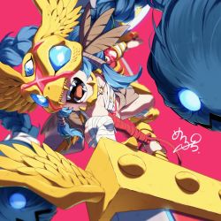 Rule 34 | 1girl, :d, akeru, bandages, bandaged arm, bandaged leg, bandages, blue hair, braid, brown cape, budget sarashi, cape, collarbone, digimon, digimon (creature), fangs, feathers, flat chest, from below, full body, highres, holding, holding shield, holding sword, holding weapon, huge weapon, living hair, long hair, looking at viewer, maplo, midriff, minervamon, minervamon x-antibody, o-ring, o-ring top, open mouth, petite, pink background, sarashi, shield, sidelocks, signature, simple background, smile, snake mask, sword, third eye, tongue, twin braids, very long hair, waist cape, weapon, yellow footwear