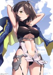 Rule 34 | 1girl, ahoge, armpits, arms behind back, arms up, azur lane, baltimore (azur lane), blue jacket, blue sky, braid, breasts, brown hair, center opening, commentary request, cowboy shot, day, garter straps, glint, highres, jacket, unworn jacket, jewelry, large breasts, looking at viewer, morino (harpoomoss), navel, necklace, outdoors, parted lips, revealing clothes, short hair, sky, smile, solo, stomach, swept bangs, twitter username, underboob, underbust, yellow eyes