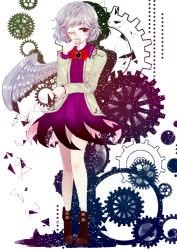 Rule 34 | 1girl, absurdres, bare legs, boots, bow, bowtie, covering own mouth, dress, full body, highres, jacket, kishin sagume, long sleeves, looking at viewer, mono (lovenedesiko), one eye closed, red eyes, short dress, short hair, silver hair, simple background, single wing, solo, touhou, vest, wings