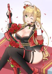 Rule 34 | 1girl, blonde hair, dress, fate/grand order, fate (series), faton, flower, green eyes, hair intakes, highres, jewelry, looking at viewer, necklace, nero claudius (fate), nero claudius (fate) (all), nero claudius (fate/extra), nero claudius (return match) (fate), official alternate costume, simple background, sitting, sword, weapon