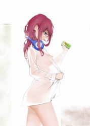 Rule 34 | 1girl, bare legs, blue eyes, breasts, can, commentary request, from side, go-toubun no hanayome, headphones, highres, holding, holding can, long hair, long sleeves, medium breasts, nakano miku, naked shirt, nipples, open clothes, open shirt, profile, purple hair, see-through, shirt, standing, ta03545, white shirt