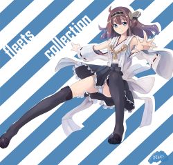 Rule 34 | 10s, 1girl, ahoge, bare shoulders, black thighhighs, boots, brown hair, detached sleeves, frilled skirt, frills, hair ornament, hairband, headgear, kantai collection, kongou (kancolle), long hair, nontraditional miko, panties, pantyshot, personification, rean (r ean), signature, skirt, smile, solo, standing, thigh boots, thighhighs, underwear, upskirt