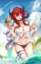 Rule 34 | 1girl, absurdres, adamosina, arknights, bare shoulders, bikini, blue sky, breasts, cherry, cleavage, cloud, commentary request, day, food, fruit, hair intakes, hair ornament, hand up, highres, holding, horns, long hair, looking at viewer, medium breasts, mouth hold, navel, purple eyes, red hair, sky, solo, standing, star (symbol), star hair ornament, stomach, surtr (arknights), surtr (colorful wonderland) (arknights), swimsuit, thighs, very long hair, wading, water
