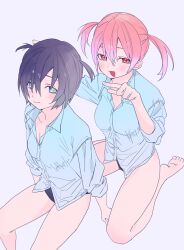 Rule 34 | 2girls, bare legs, black hair, black panties, blue eyes, blue shirt, blush, breasts, cleavage, collared shirt, commentary request, grey background, highres, long sleeves, medium hair, multiple girls, open mouth, original, panties, pink hair, red eyes, shirt, short hair, simple background, sitting, smile, two side up, underwear, valentine (02140314c), wariza
