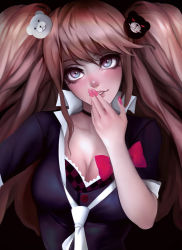 Rule 34 | 1girl, arm up, bear hair ornament, black background, black choker, black neckwear, black skirt, blonde hair, blue eyes, blush, bow, bowtie, breasts, button, choker, cleavage, collarbone, collared shirt, covering own mouth, danganronpa: trigger happy havoc, danganronpa (series), enoshima junko, eyebrows hidden by hair, fake nails, fingernails, hair ornament, hand over own mouth, hand up, lace, lace choker, long eyelashes, long hair, looking at viewer, nail polish, necktie, neckwear request, nose, pink lips, pink nails, red bow, shiny skin, shirt, simple background, skirt, smile, twintails, upper body, white neckwear, zorafi
