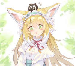 Rule 34 | 1girl, :o, absurdres, animal ear fluff, animal ears, arknights, blonde hair, blue hairband, blush, cardigan, cha kurikara, chinese commentary, colored tips, commentary, fox ears, fox girl, frilled hairband, frills, green eyes, hairband, heixiu, highres, long hair, looking at viewer, luo xiaohei zhanji, multicolored hair, neck ribbon, official alternate costume, open mouth, red ribbon, ribbon, solo, suzuran (arknights), suzuran (spring praise) (arknights), two-tone hair, upper body, white cardigan, white hair