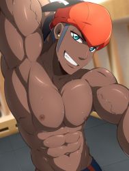 Rule 34 | 1boy, abs, absurdres, alternate pectoral size, armpits, arms up, bara, biceps, black hair, blue eyes, creatures (company), earrings, game freak, highres, jewelry, kuroshinki, large pectorals, male focus, muscular, muscular male, navel, nintendo, nipples, pectorals, pokemon, pokemon swsh, raihan (pokemon), short hair, smile, solo, sweat, teeth, thick arms, undercut, upper body, veins, veiny arms