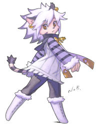 Rule 34 | 1girl, absurdres, animal ears, boots, cat ears, cat girl, cat tail, cyber connect 2, earrings, elh melizee, facial mark, fangs, female focus, full body, furry, furry female, highres, jewelry, little tail bronx, long sleeves, multicolored hair, official art, solatorobo, solo, striped, tail, two-tone hair, white background, yellow eyes, yuuki nobuteru