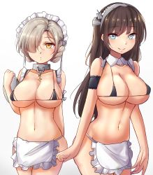 Rule 34 | 2girls, alternate breast size, apron, armband, azur lane, bikini, bikini top only, black bikini, blue eyes, braid, breasts, brown hair, cleavage, closed mouth, collarbone, covered erect nipples, cowboy shot, hair over one eye, highres, large breasts, legs together, long hair, looking at viewer, maid apron, maid headdress, micro bikini, micro bikini top, mistynight, multiple girls, navel, newcastle (azur lane), sheffield (azur lane), short hair, silver hair, smile, straight hair, swimsuit, thighs, underboob, waist apron, white apron, yellow eyes