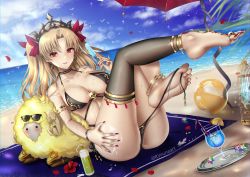 Rule 34 | absurdres, alternate costume, ass, ass grab, barefoot, beach, beach towel, beach umbrella, bikini, blonde hair, blush, breasts, cage, cocktail glass, cup, drinking glass, dumuzid (fate), earrings, ereshkigal (fate), eyewear on head, fate/grand order, fate (series), food, gold trim, grabbing own ass, highres, hoop earrings, horizon, infinity symbol, jewelry, legs up, long hair, looking at viewer, medium breasts, nail polish, ocean, outdoors, panties, popsicle, ryuuneart, sand, sheep, side-tie panties, single thighhigh, sitting, skull, solo, sunglasses, swimsuit, thighhighs, tiara, towel, tray, two side up, umbrella, underwear, untied bikini, untied panties, very long hair