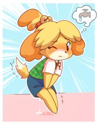 Rule 34 | 1girl, ancesra, animal crossing, animal ears, animal feet, animal nose, barefoot, bell, between legs, blonde hair, blue background, blush, body fur, border, brown eyes, closed mouth, commission, commissioner upload, dog ears, dog girl, dog tail, embarrassed, emphasis lines, faucet, female focus, flat chest, full body, furry, furry female, green vest, hair bell, hair ornament, hair tie, hand between legs, have to pee, isabelle (animal crossing), jingle bell, leaking, legs together, looking down, neck ribbon, nintendo, nose blush, one eye closed, outline, own hands together, parted bangs, pee, peeing, peeing self, plaid, plaid vest, red ribbon, ribbon, shirt, short hair, short sleeves, simple background, solo, split mouth, standing, tail, tears, thought bubble, topknot, two-tone fur, urine meter, v arms, vest, wavy mouth, white border, white fur, white outline, white shirt, wince, yellow fur