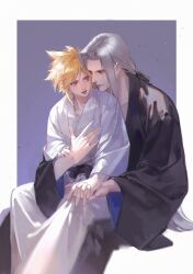 Rule 34 | 2boys, alternate costume, black kimono, black sash, blonde hair, blue background, chinese commentary, cloud strife, commentary request, couple, cuntouxiaoyeju, final fantasy, final fantasy vii, floral print kimono, green eyes, grey hair, hand on another&#039;s arm, hand on another&#039;s chest, hand on another&#039;s wrist, head on another&#039;s shoulder, highres, holding hands, japanese clothes, kimono, light smile, long hair, looking at another, low ponytail, male focus, multiple boys, on lap, parted lips, sash, sephiroth, short hair, sitting, slit pupils, spiked hair, two-sided fabric, very long hair, white kimono, yaoi