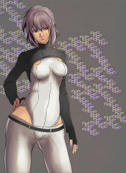 Rule 34 | 1girl, belt, black gloves, fingerless gloves, ghost in the shell, ghost in the shell stand alone complex, gloves, hands on own hips, hip focus, kusanagi motoko, leotard, lips, niiyaso, pants, purple hair, red eyes, short hair, solo, wide hips