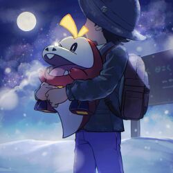 Rule 34 | 1boy, backpack, bag, commentary request, creatures (company), florian (pokemon), fuecoco, game freak, glowing, hat, highres, holding, holding pokemon, jacket, long sleeves, looking up, male focus, moon, nao (naaa 195), night, nintendo, outdoors, pants, pokemon, pokemon (creature), pokemon sv, purple pants, short hair, sky, snowing, standing