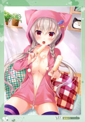 Rule 34 | 1girl, absurdres, animal hood, blush, braid, breasts, cat hood, cleavage, clock, collarbone, convenient censoring, cream on body, day, hair between eyes, highres, holding, hood, hooded sweater, hoodie, indoors, large breasts, long hair, looking at viewer, naked hoodie, narumi yuu (bunbukudou), navel, no panties, open mouth, original, pillow, pink sweater, red eyes, silver hair, solo, striped clothes, striped thighhighs, sweater, thighhighs, twin braids, unzipped, very long hair