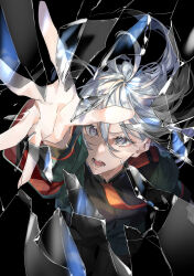 Rule 34 | 1girl, asticassia school uniform, black background, broken glass, colored eyelashes, foreshortening, glass, glass shards, glasses, grey eyes, gundam, gundam suisei no majo, hair between eyes, highres, long sleeves, miorine rembran, necktie, open mouth, outstretched hand, red necktie, school uniform, see-through, shuu-0208, solo, teeth