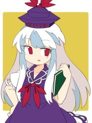 Rule 34 | blue hair, book, commentary request, dress, hand on own hip, hand up, hat, highres, holding, holding book, ini (inunabe00), kamishirasawa keine, long hair, multicolored hair, open mouth, purple dress, purple hat, red eyes, red neckwear, short sleeves, solo, touhou, two-tone hair, upper body, white hair, yellow background
